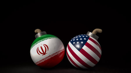 American and Iran flag on Bomb for war crisis concept 3d Rendering.の写真素材