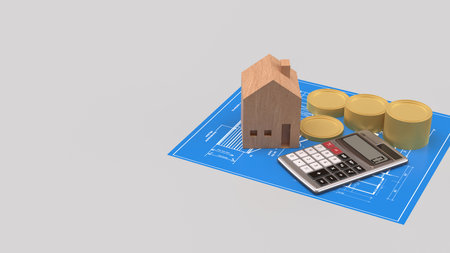 Wood House and calculator for property or Building concept 3d Rendering.の写真素材