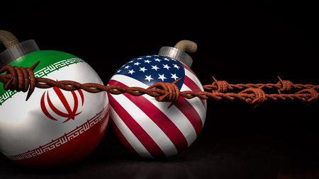 American and Iran flag on Bomb for war crisis concept 3d Rendering.の写真素材
