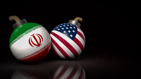 American and Iran flag on Bomb for war crisis concept 3d Rendering.の写真素材