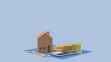 Wood House and calculator for property or Building concept 3d Rendering.の写真素材
