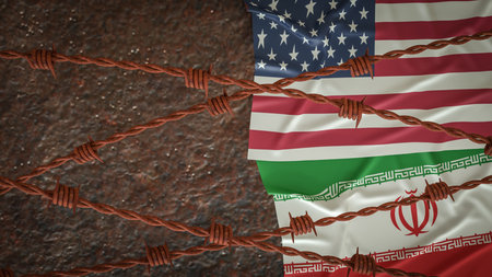 American and Iran flag for war crisis concept 3d Rendering.の写真素材