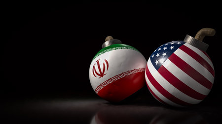 American and Iran flag on Bomb for war crisis concept 3d Rendering.の写真素材