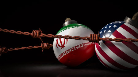 American and Iran flag on Bomb for war crisis concept 3d Rendering.の写真素材