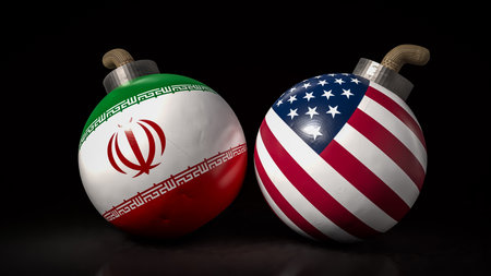 American and Iran flag on Bomb for war crisis concept 3d Rendering.の写真素材
