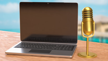 Laptop and microphone for Pod cast or social media 3d render.の写真素材