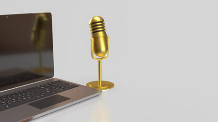 Laptop and microphone for Pod cast or social media 3d render.の写真素材