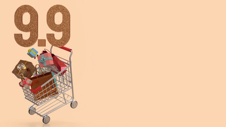 Gift box  in Shopping cart for 9.9 promotion or business concept 3d Rendering.