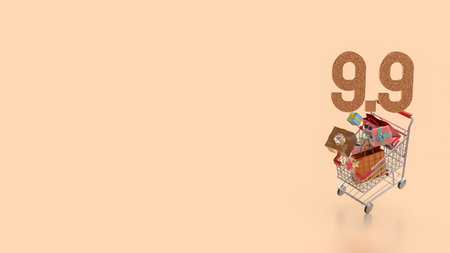Gift box  in Shopping cart for 9.9 promotion or business concept 3d Rendering.
