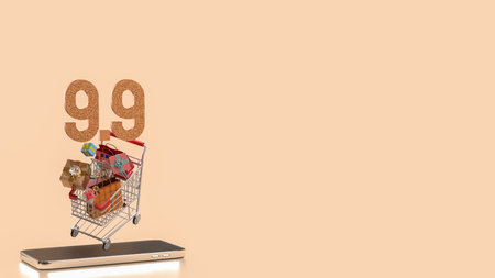 Gift box  in Shopping cart for 9.9 promotion or business concept 3d Rendering.