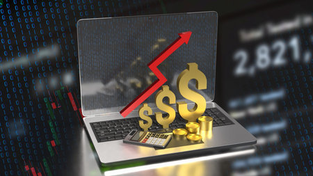 Gold Dollar and Arrow up on laptop for Business concept 3d Rendering.の写真素材