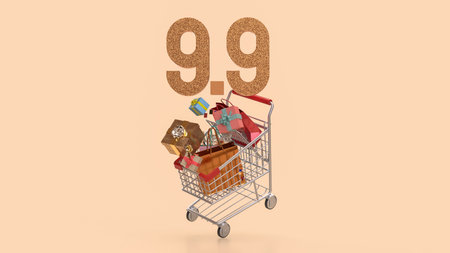 Gift box  in Shopping cart for 9.9 promotion or business concept 3d Rendering.