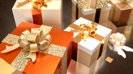 Gold gift box for celebration or marketing concept 3d Rendering.の写真素材