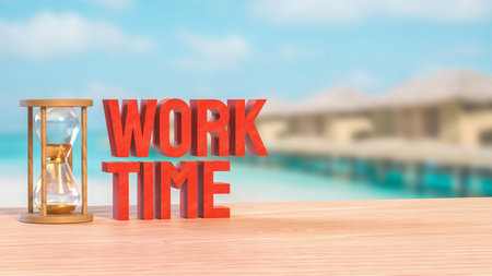 Sand clock and Text for Time Work concept 3d Rendering.