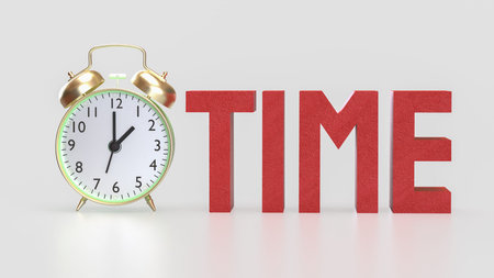 Alarm clock and Text for Time concept 3d Rendering.