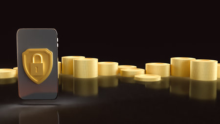 Gold shield and Mobile for Security concept 3d Rendering.の写真素材