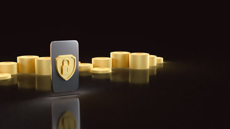 Gold shield and Mobile for Security concept 3d Rendering.の写真素材