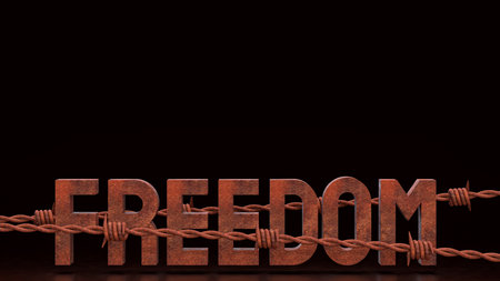 Freedom and barbed wire rusty on Black background 3d Rendering.の写真素材