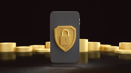 Gold shield and Mobile for Security concept 3d Rendering.の写真素材