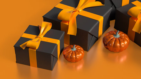 Pumpkin and gift box for Halloween orHoliday concept 3d Rendering.の写真素材