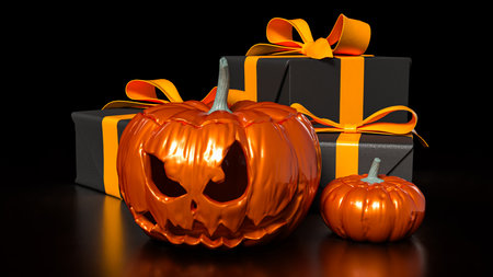 Pumpkin and gift box for Halloween concept 3d Rendering.の写真素材