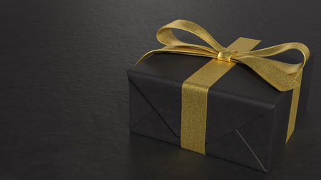 Black Gif Box and Glod ribbon on white marble for Holiday or celebration concept 3d Rendering.