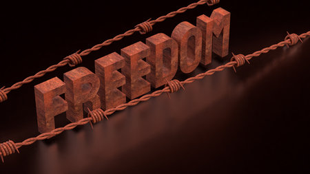 Freedom and barbed wire rusty on Black background 3d Rendering.の写真素材