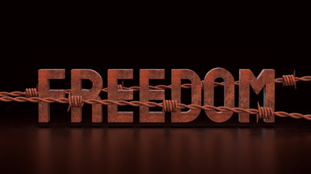 Freedom and barbed wire rusty on Black background 3d Rendering.の写真素材
