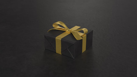 Black Gif Box and Glod ribbon on white marble for Holiday or celebration concept 3d Rendering.の写真素材