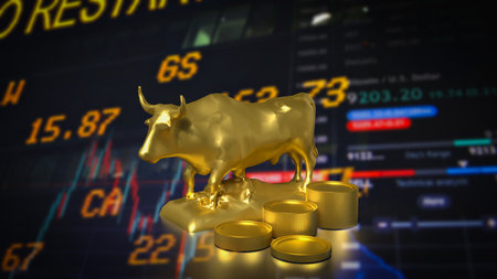 Golden Bull and coins for Business concept 3d Rendering.の写真素材