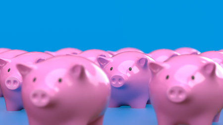 Piggy Bank Group on blue Background  for saving or earn concept 3d Rendering.の写真素材