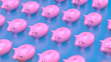 Piggy Bank Group on blue Background  for saving or earn concept 3d Rendering.の写真素材