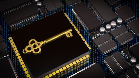 Key on PCB board for IT security concept 3d Rendering.の写真素材