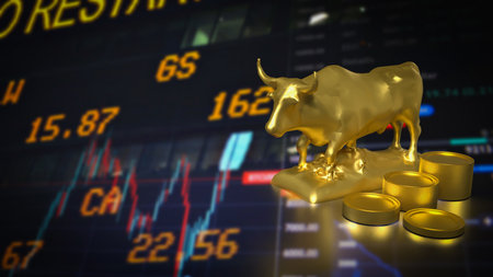 Golden Bull and coins for Business concept 3d Rendering.の写真素材