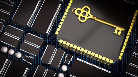 Key on PCB board for IT security concept 3d Rendering.の写真素材