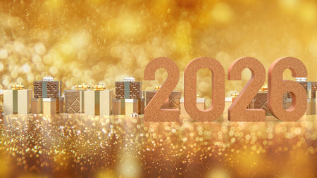 Gold Gift box  and 2026 for Holiday or celebration concept 3d Rendering.