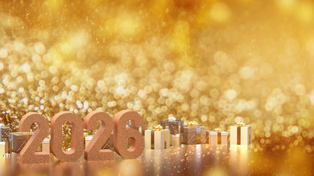 Gold Gift box  and 2026 for Holiday or celebration concept 3d Rendering.