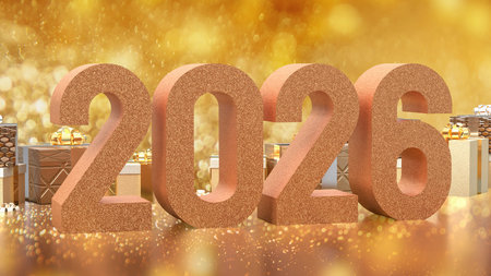 Gold Gift box  and 2026 for Holiday or celebration concept 3d Rendering.