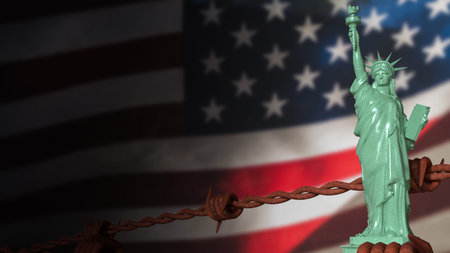 Statue of Liberty on USA flag Background image 3d Rendering