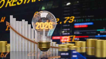 2026 in light bulb for Business concept 3d Rendering.の写真素材