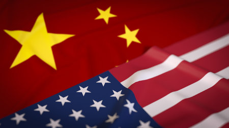 USA and China flag for Trade war or Business concept 3d Rendering.の写真素材