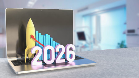 Rocket and 2026 Chart for Business concept 3d Rendering.