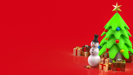 Snow man and Christmas tree for Holiday or new year concept 3d Rendering.の写真素材