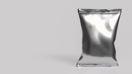 Blank silver foil pouch packaging mockup on gray background, metallic stand up bag for food, coffee, or product design template, clean and minimal branding concept.の写真素材
