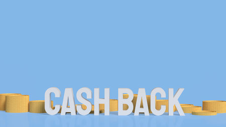 3D cashback text with gold coins on blue background, financial reward concept for saving, refund,...