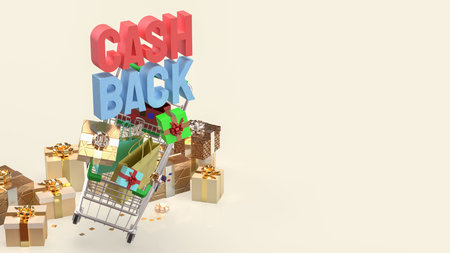 3D cashback text with gold coins on blue background, financial reward concept for saving, refund,...