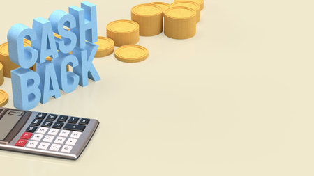 3D cashback text with gold coins on blue background, financial reward concept for saving, refund,...