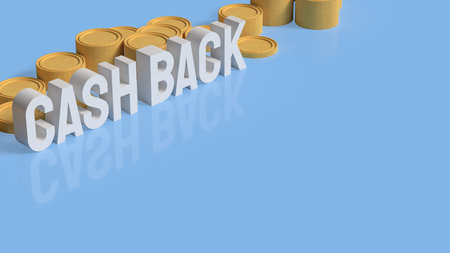 3D cashback text with gold coins on blue background, financial reward concept for saving, refund, promotion, bonus, and money return illustration for marketing or business design.の写真素材