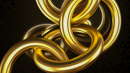 Shiny golden interlocked rings on dark background, symbolizing luxury, wealth, unity, strength, success, and elegant abstract 3D metallic design for business or finance concept.の写真素材