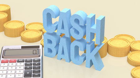 3D cashback text with gold coins on blue background, financial reward concept for saving, refund, promotion, bonus, and money return illustration for marketing or business design.の写真素材